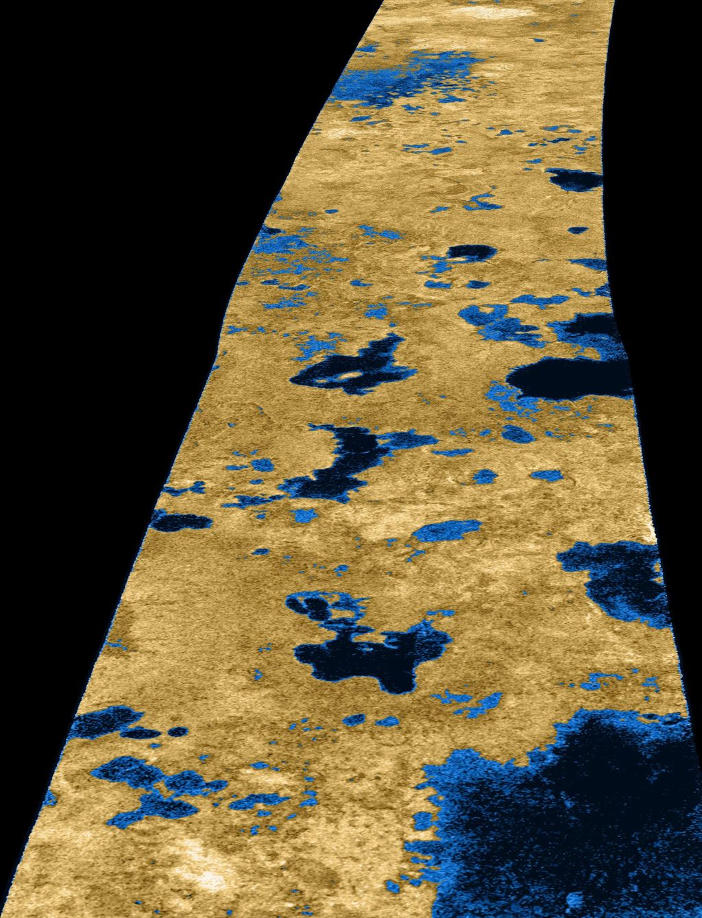 Representación digital de un lago de hidrocarburos y nubes de lluvia de metano en Titán.