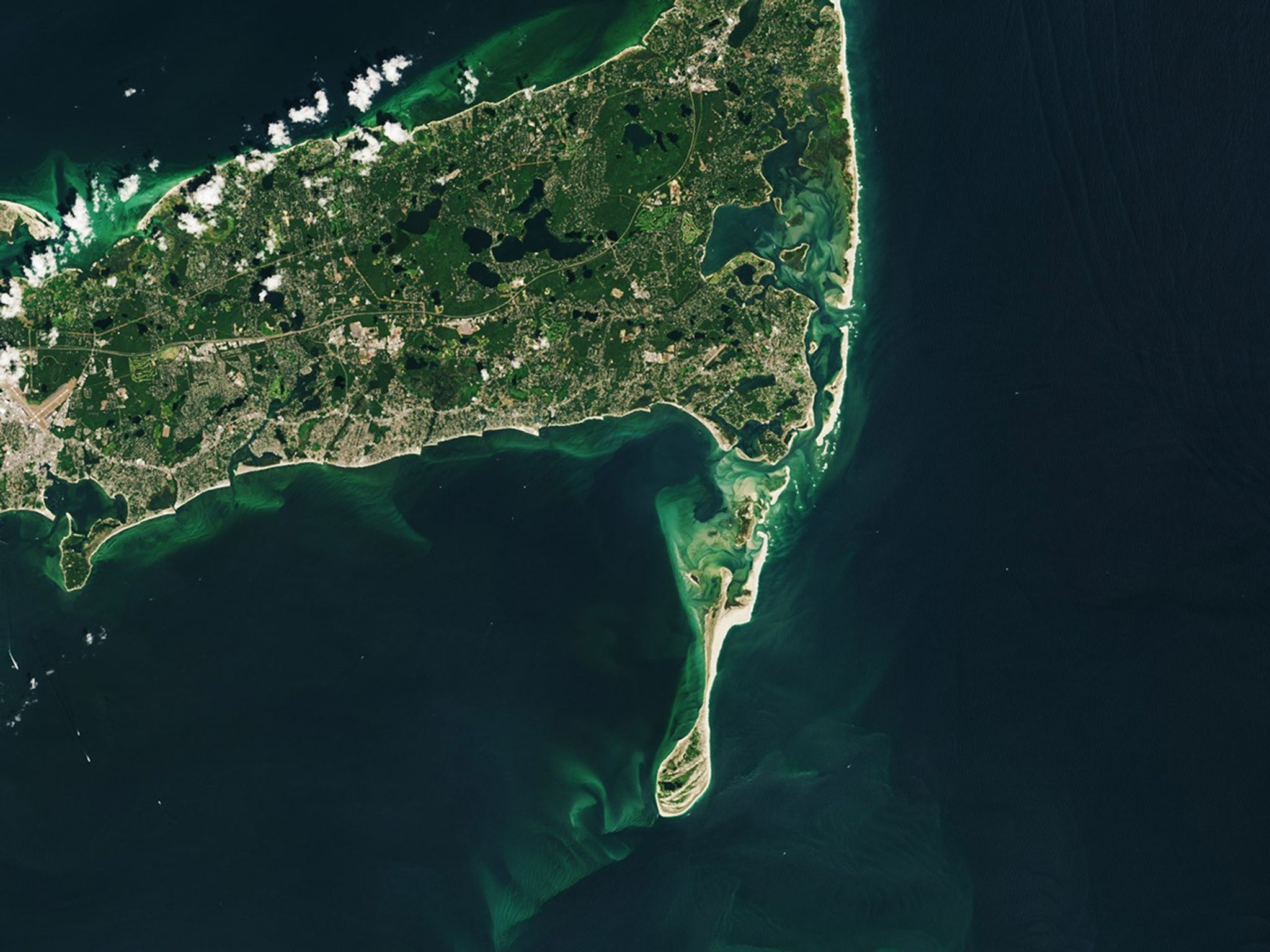 The Operational Land Imager (OLI) acquired this image of the southeast elbow of Cape Cod, Massachusetts on August 18, 2020. In the image, vegetation appears green and the sands along the coastline appear bright yellow, almost white. Bright green sediments off the coast swirl into the dark blue water of the Atlantic Ocean.