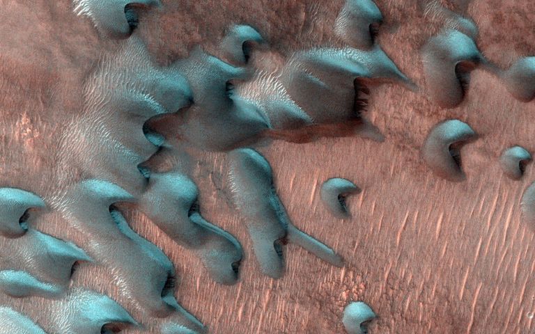 Sand dunes covered by frost on the surface of Mars