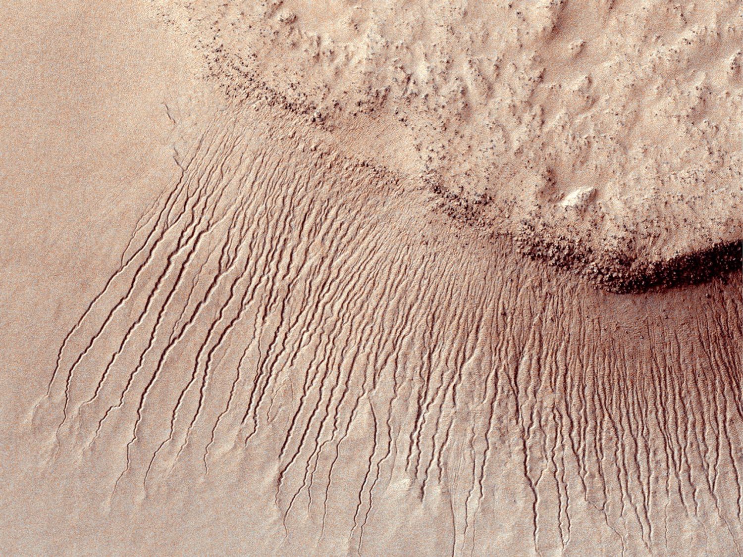Imágenes como esta, captada por la cámara del Experimento científico generador de imágenes de alta resolución (HiRISE) a bordo del Orbitador de Reconocimiento de Marte (MRO) de la NASA, muestran numerosos canales de un ancho aproximado de 1 a 10 metros (entre 3 y 33 pies) en un escarpe de la cuenca de impacto de Hellas.