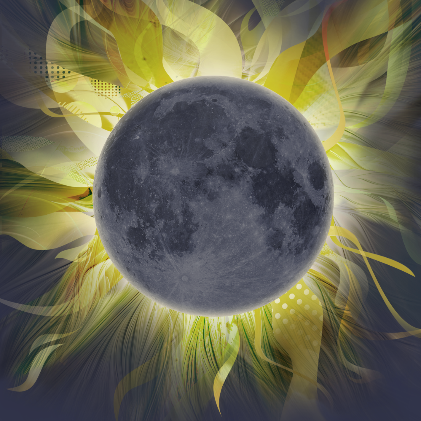 Esta ilustración estilizada, creada para el eclipse total de Sol de 2024, muestra la Luna de la Tierra bloqueando la visión del Sol y revelando la corona solar, o atmósfera más externa. El campo magnético del Sol afecta a las partículas cargadas en la corona, causando elaboradas serpentinas y penachos que se representan en esta interpretación artística.