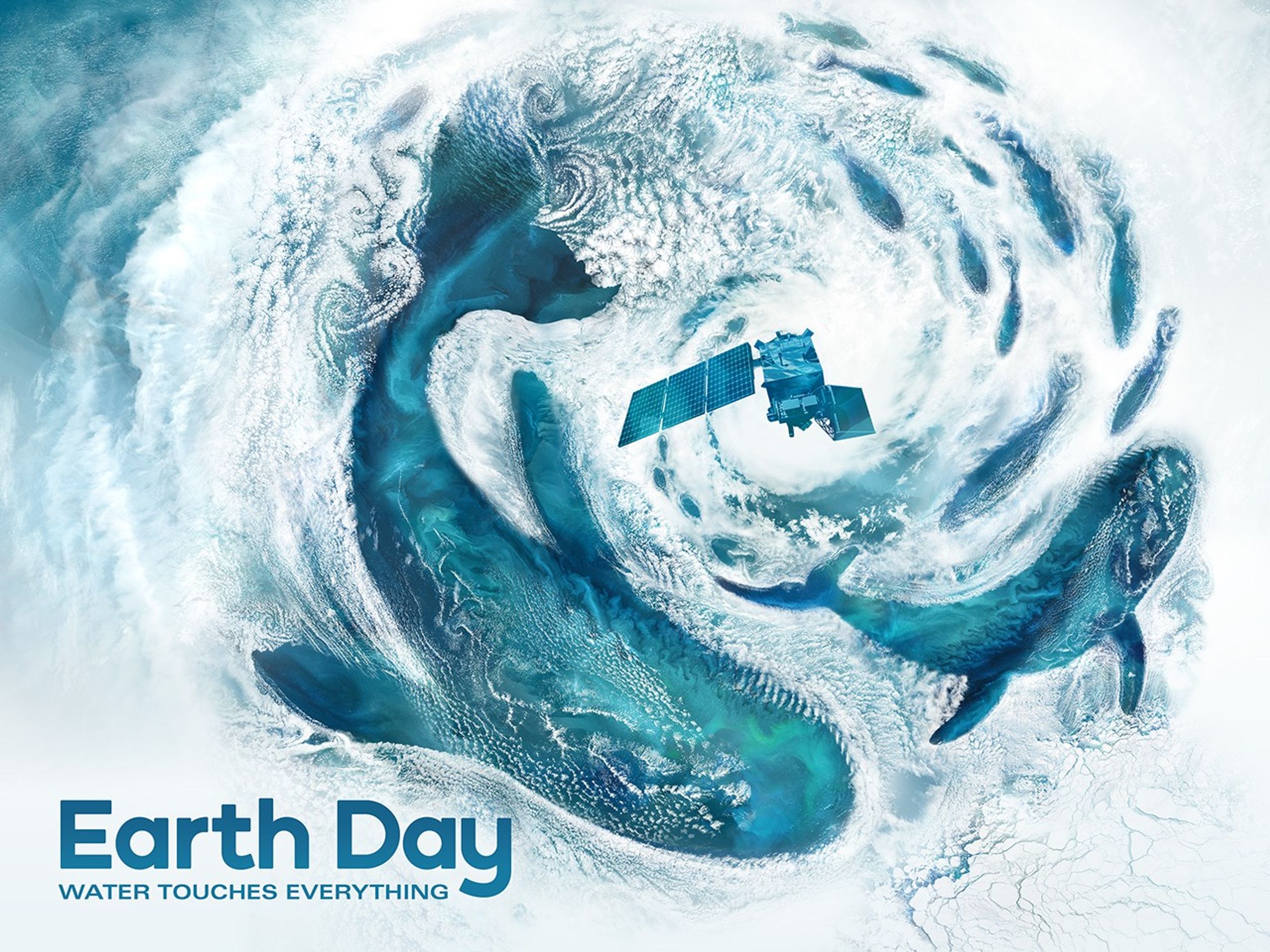 This 2024 Earth Day poster is an ocean themed vertical 15x30 illustration created from NASA satellite cloud imagery overlaid on ocean data. The white cloud imagery wraps around shapes, defining three whales and a school of fish. Swirly cloud patterns, called Von K�rm�n Vortices, create the feeling of movement in the composition. The focal point is a cyclone in the upper third of the poster. At the center flies the recently launched PACE satellite. The ocean imagery � composed of blues, aquas, and greens � is filled with subtle color changes and undulating patterns created by churning sediment, organic matter and phytoplankton.