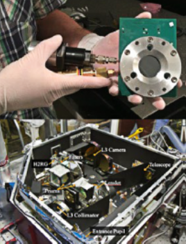Top image: ferrofluid deformable mirror prototype built during the fellowship. Bottom image: CHARIS integral field spectrograph observing exoplanets at Subaru Telescope.