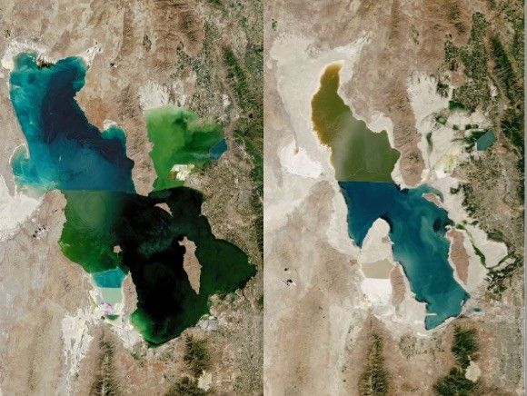 Before and after satellite images of Great Salt Lake, Utah