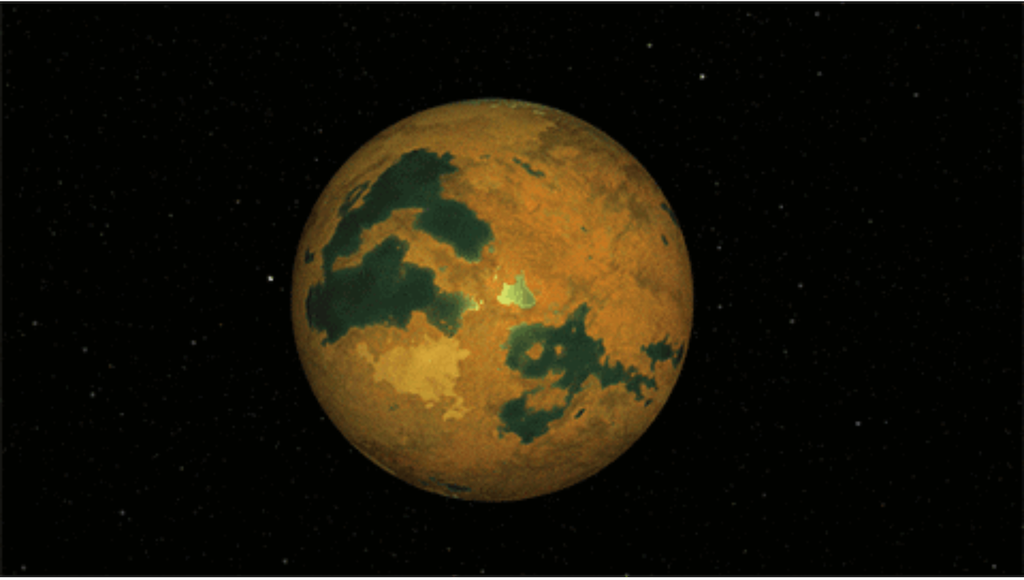 Artist's concept shows a full disk of imagined planet Vulcan, predominantly light brown with patches of gray-green, against the black background of space.
