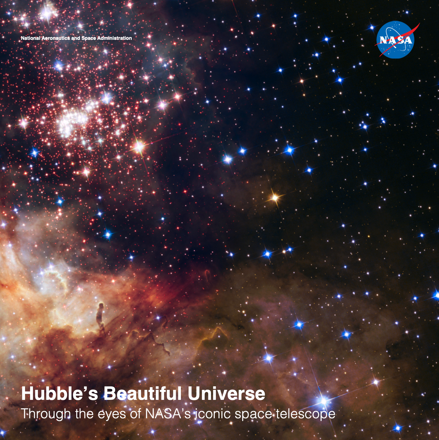 Image of space with lost of stars clustered at the top left and space clouds at the bottom.