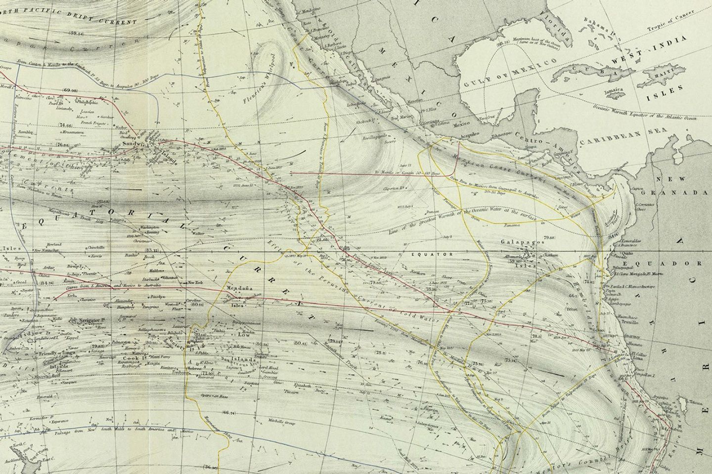 Este mapa de 1856 de Alexander Keith Johnson representa las temperaturas, las corrientes y las rutas marítimas en el Pacífico oriental, tal como se conocían en aquella época.
