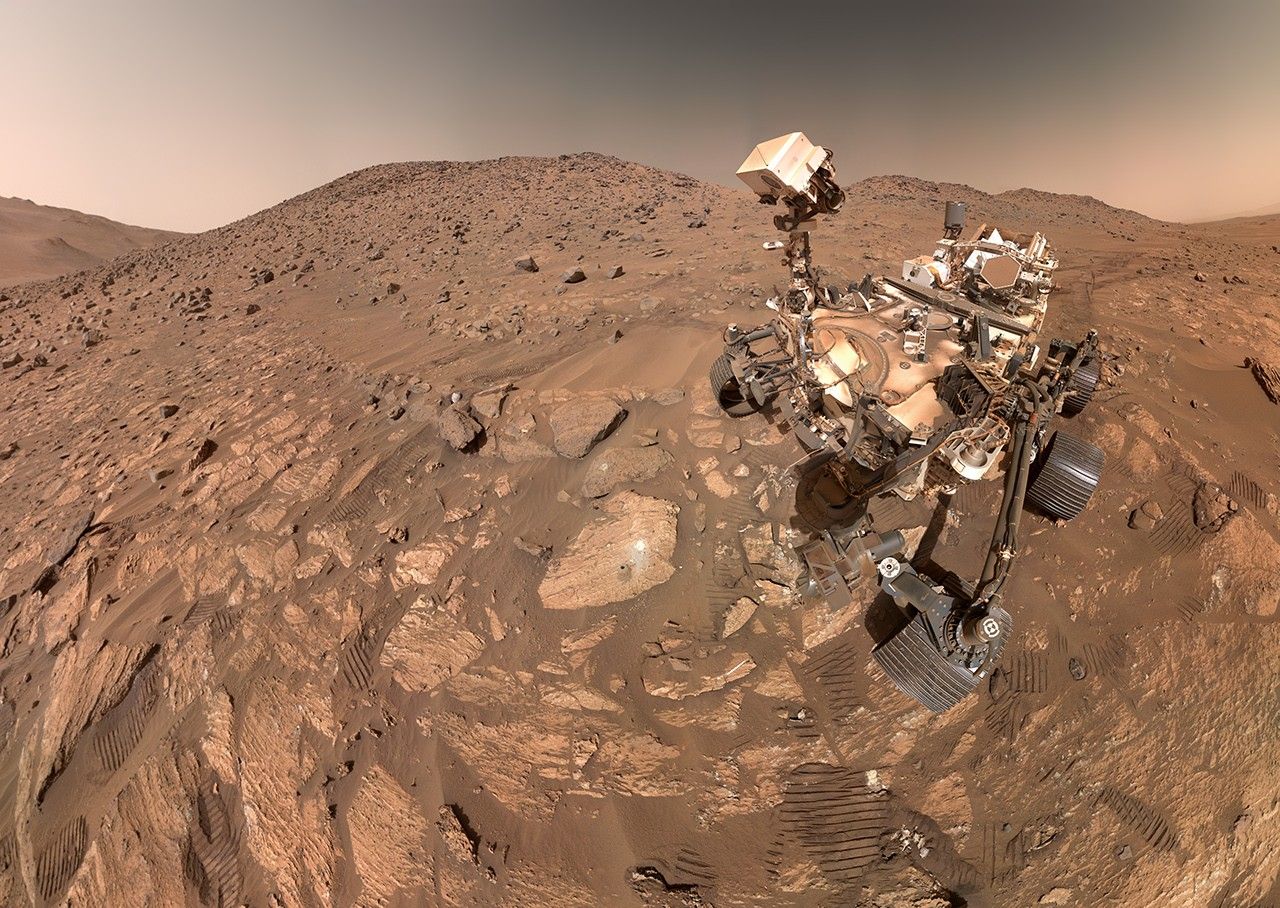 NASA�s Perseverance Mars rover took this selfie, made up of 62 individual images, on July 23. A rock nicknamed �Cheyava Falls,� which has features that may bear on the question of whether the Red Planet was long ago home to microscopic life, is to the left of the rover near the center of the image.