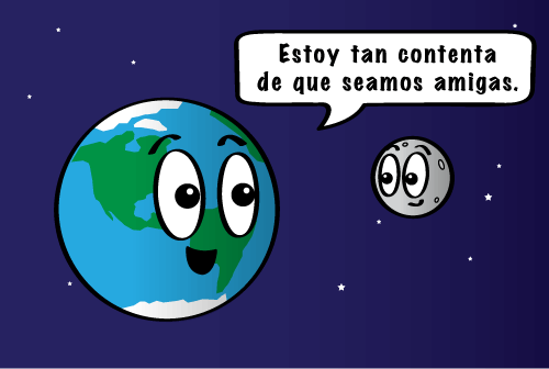 Ilustración que muestra una caricatura de la Tierra y de la Luna contra un fondo azul oscuro. Una burbuja de texto señala hacia la Tierra y lee: "Estoy tan contenta de que seamos amigas".