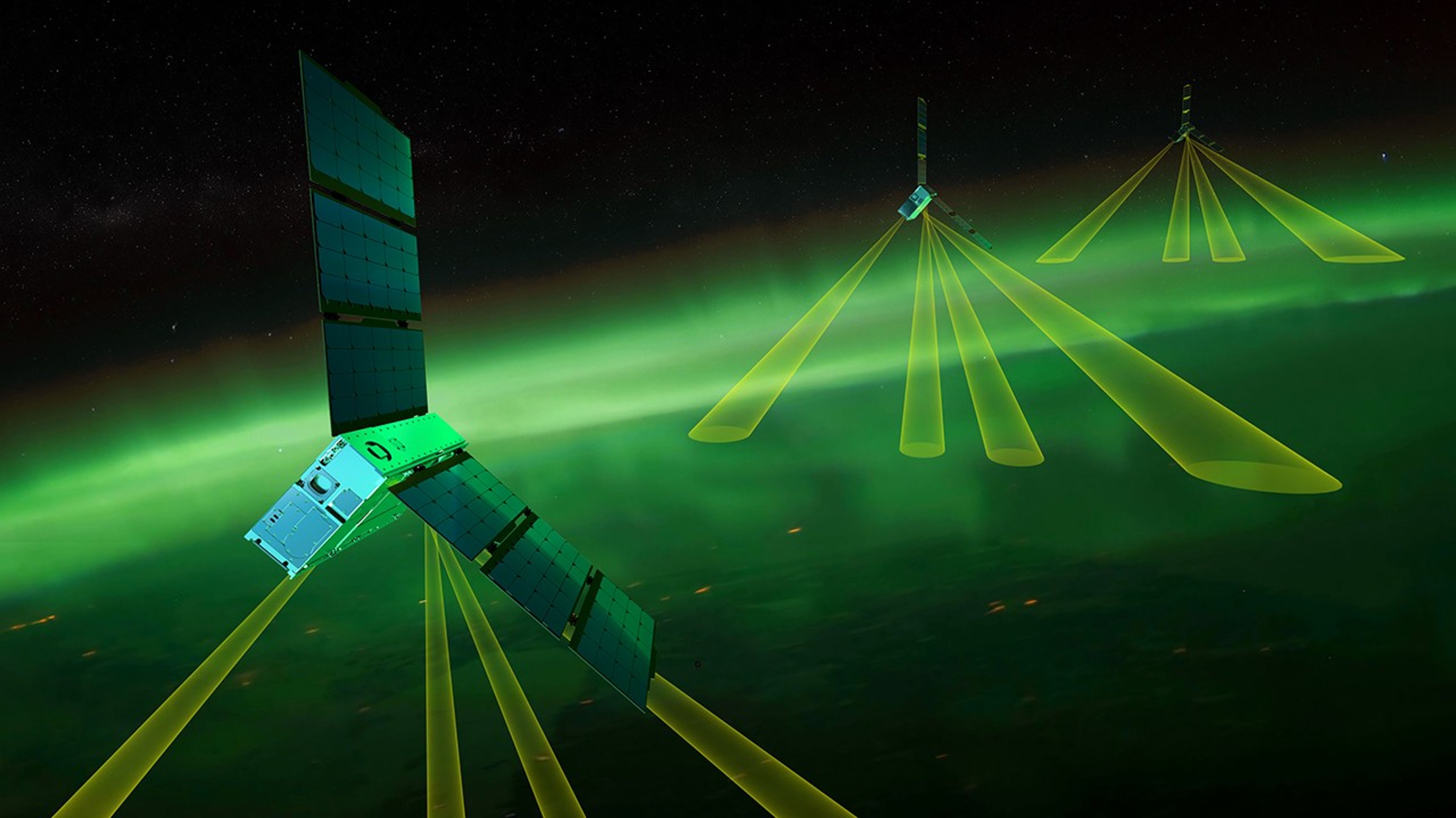 Una interpretación artística de tres satélites que miden auroras en órbita.