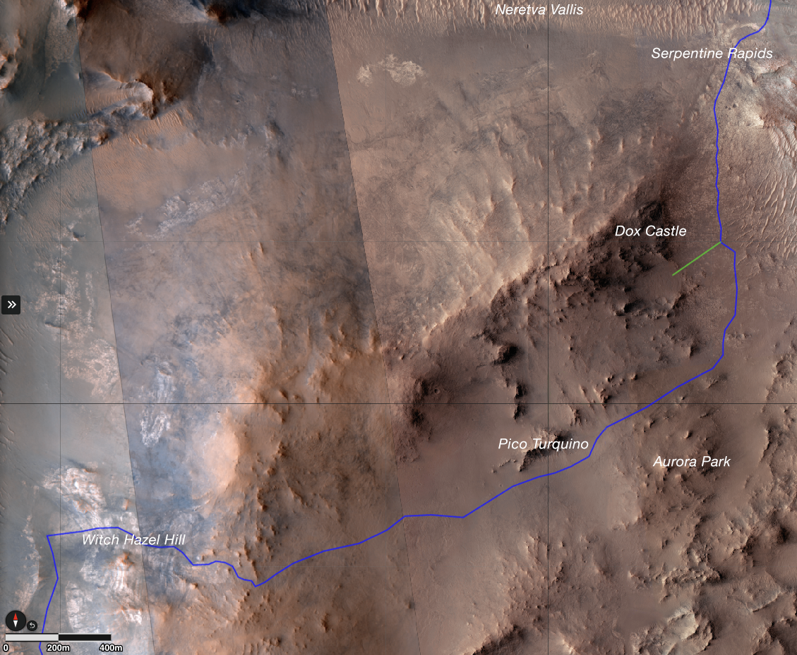 This map shows the route NASA�s Perseverance Mars rover will take (in blue) as it climbs the western rim of Jezero Crater, first reaching �Dox Castle,� then investigating the �Pico Turquino� area before approaching �Witch Hazel Hill.�