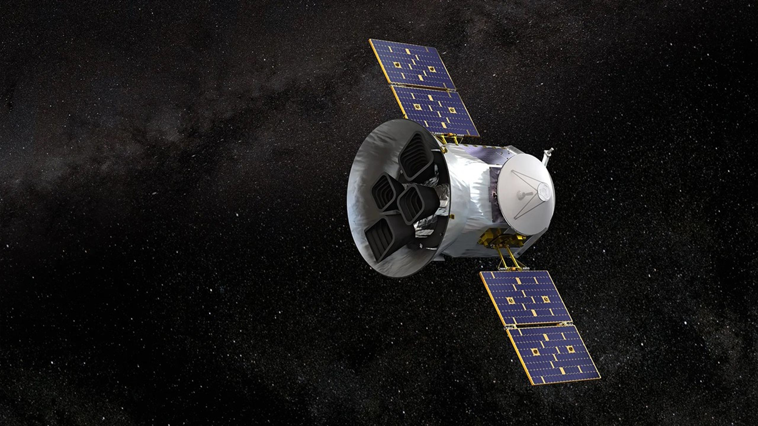 Artist's impression of NASA's Transiting Exoplanet Survey Satellite (TESS), a cylinder-shaped space telescope with two solar panels stretching out on opposite sides of the spacecraft body.