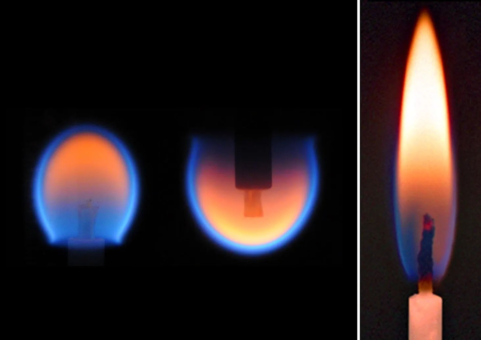 Imagen comparativa que muestra tres llamas: dos experimentos de combustión en microgravedad con forma esférica y colores azules y naranjas (izquierda), y una vela encendida en la Tierra con llama alargada tradicional (derecha).