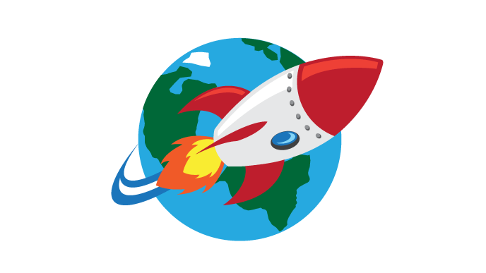 An illustration showing a white and red rocket with flames coming out the bottom leaving a blue and green Earth. The rocket has a blue and white swoosh below showing its path.