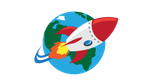 An illustration showing a white and red rocket with flames coming out the bottom leaving a blue and green Earth. The rocket has a blue and white swoosh below showing its path.