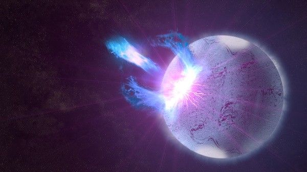Ilustración en tonos de morado que muestra una estrella de neutrones experimentando un "estrellamoto" y liberando hacia el espacio erupciones de alta energía, representadas en azul y blanco.