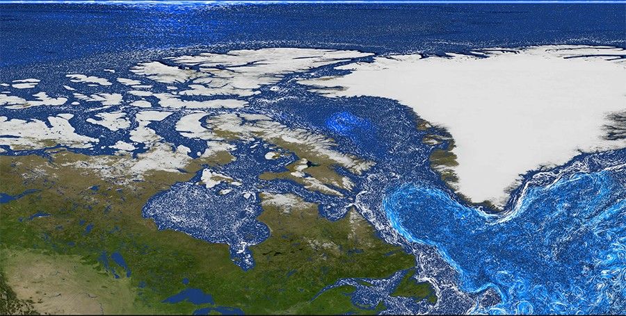 A computer visualization showing ocean currents off of Greenland..