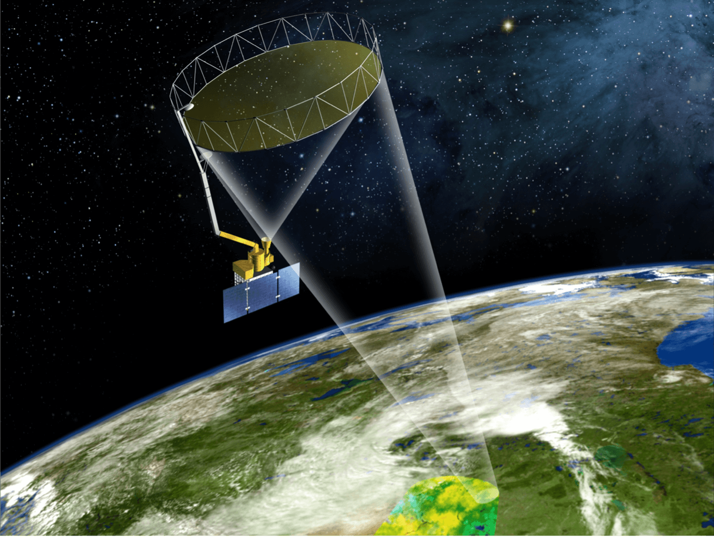 An artist’s illustration of the SMAP satellite is shown above green land, blue water, and white clouds. The satellite has an olive green circle at the top with small triangular fencing around it. There are two white lines going down to the land from the circle. The circle of the lines gets smaller as it reaches the land. There is another cone of white lines that goes from the top circle to the gold satellite instrument. The top circle is attached to the gold instrument with a gray pole. The gold instrument is mainly rectangular in shape. On one side there are three blue panels that are connected to it. These represent solar panels, and are rectangular in shape. Above the land and water is a curved line. Above the curved line in the background is black and white dots for stars to represent space. On the bottom middle of Earth there is greens and yellows simulating what the data looks like from the satellite.