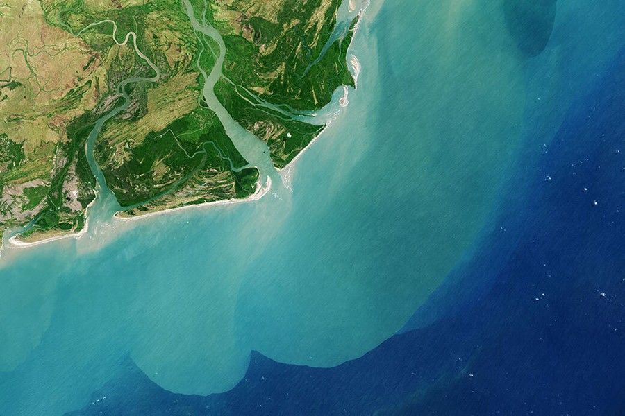 A satellite image showing a river delta in Africa.