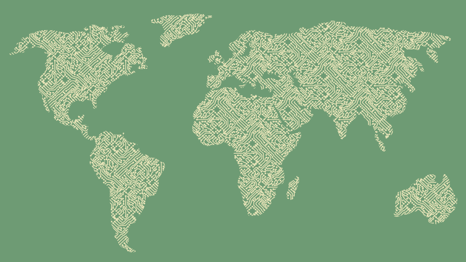 an illustration of a world map made entirely out of connected circuits
