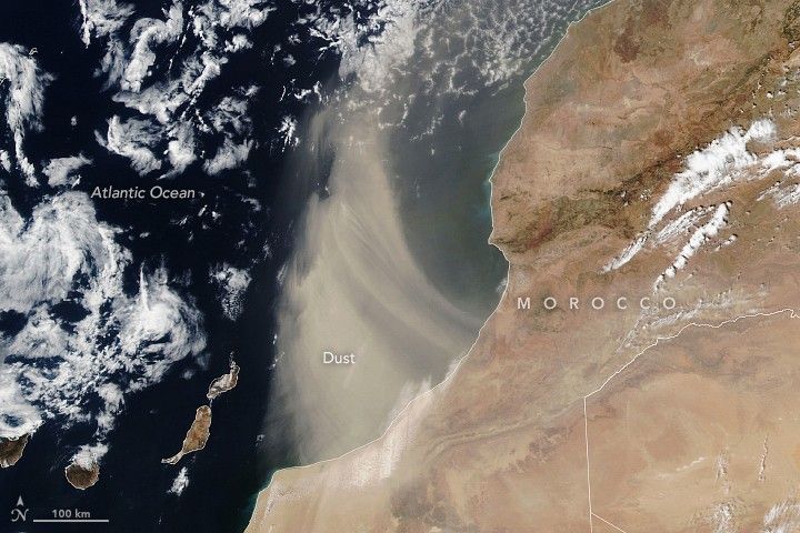 The image shows light tan dust blowing off the western coast of Morocco in northern Africa. On the left is a dark blue ocean with white clouds. On the right is light tan colored land. In the middle is transparent light tan colored dust.