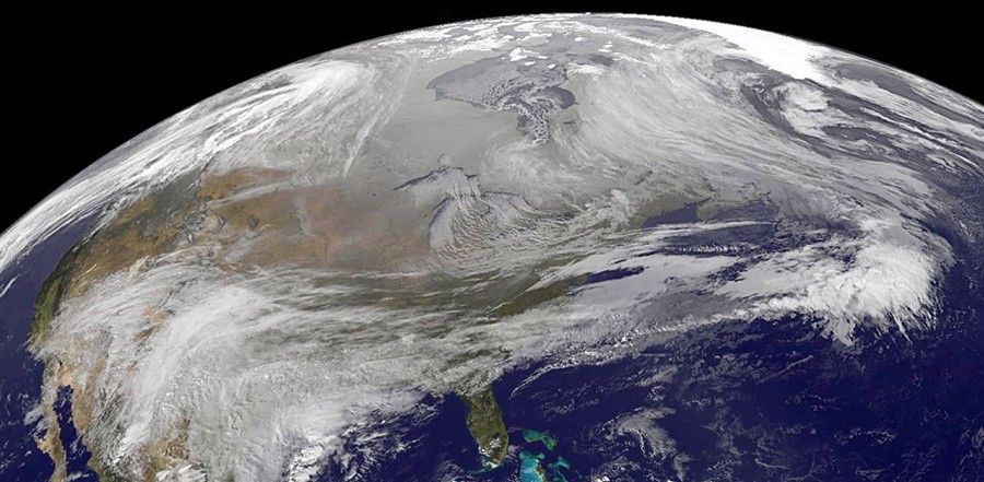 A satellite image of North America showing colder than usual conditions during November of 2013.