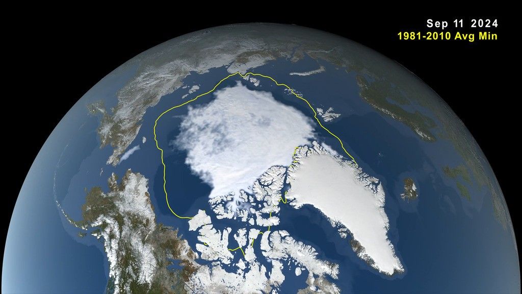 The image shows a rendering based on satellite data of Arctic sea ice in the Arctic region. The view looks at the top of the Earth as you would see it from above in space. There is a smaller area of bright white at the center that is Arctic sea ice during its seasonal minimum. There is also a yellow line that is larger than the sea ice that shows the average seasonal minimum size of the sea ice from 1981 to 2010. The surrounding continents and ocean are shown as well. The date labeled at the top right is Sept. 11, 2024. The rounded Earth is shown against a black background.