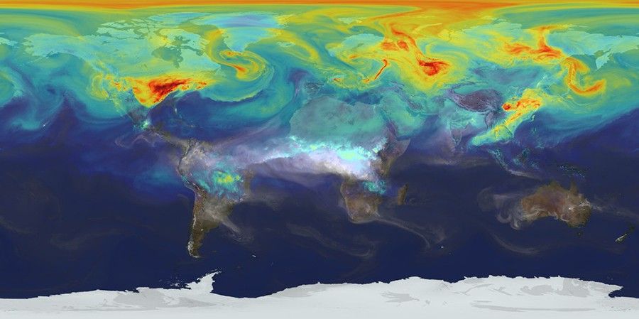 An ultra-high-resolution NASA computer model showing plumes of CO2 in the Earth's atmosphere.