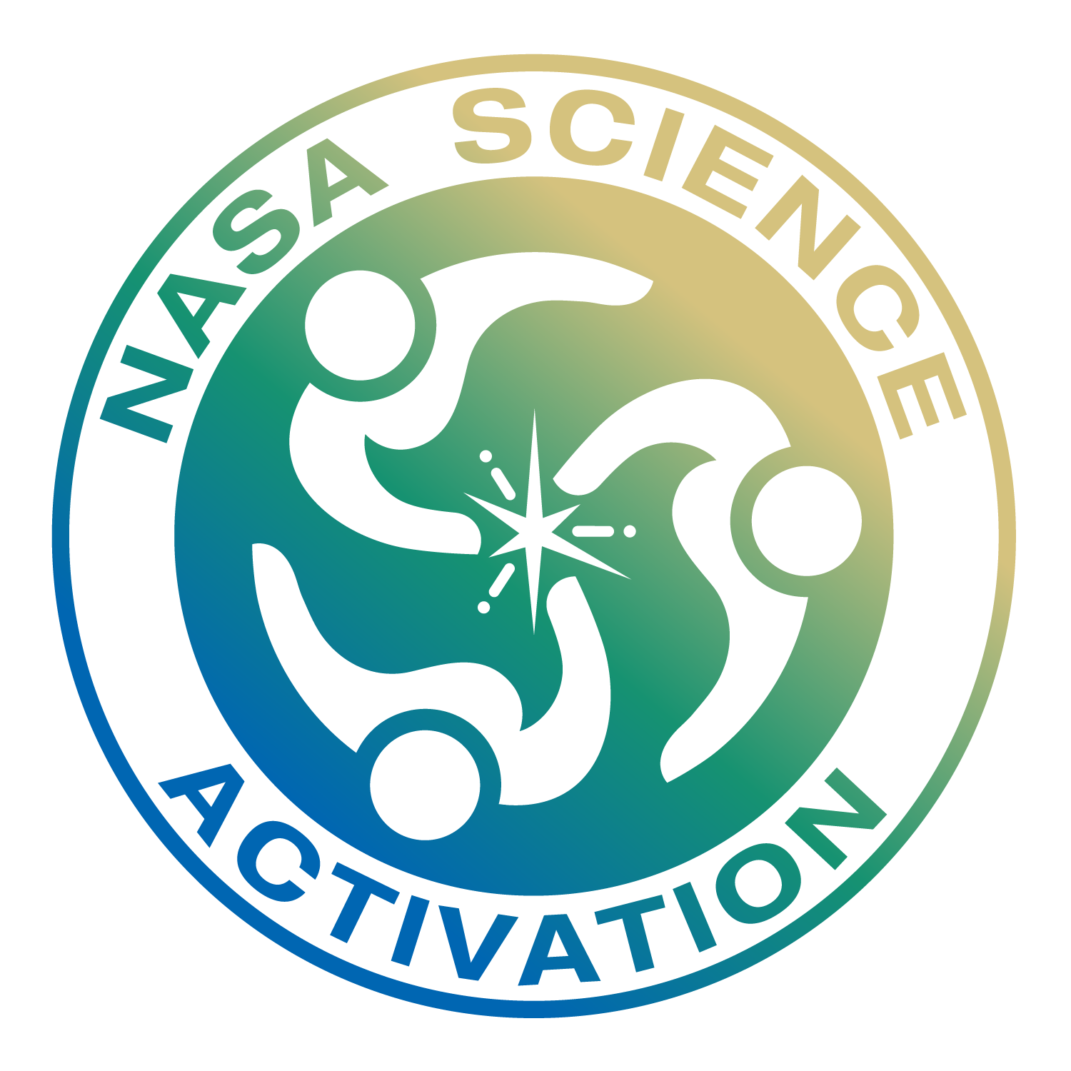 "NASA Science Activation logo: A circular emblem featuring three abstract human figures surrounding a starburst symbol at the center. The text 'NASA Science Activation' is displayed along the top and bottom edges of the circle."