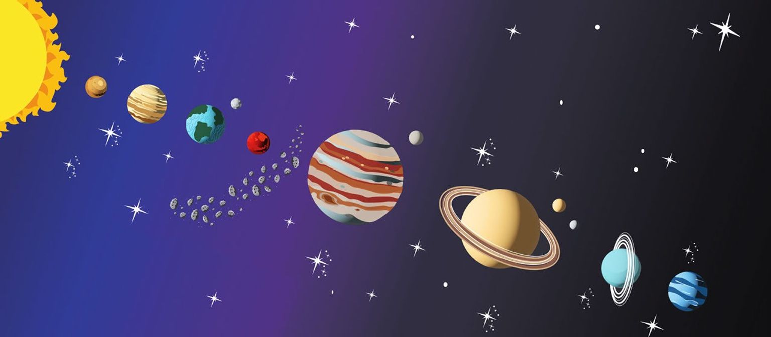 Illustration of the solar system showing the Sun and eight planets in order: Mercury, Venus, Earth (with Moon), Mars, Jupiter (with asteroid belt), Saturn, Uranus, and Neptune, set against a starry space background.