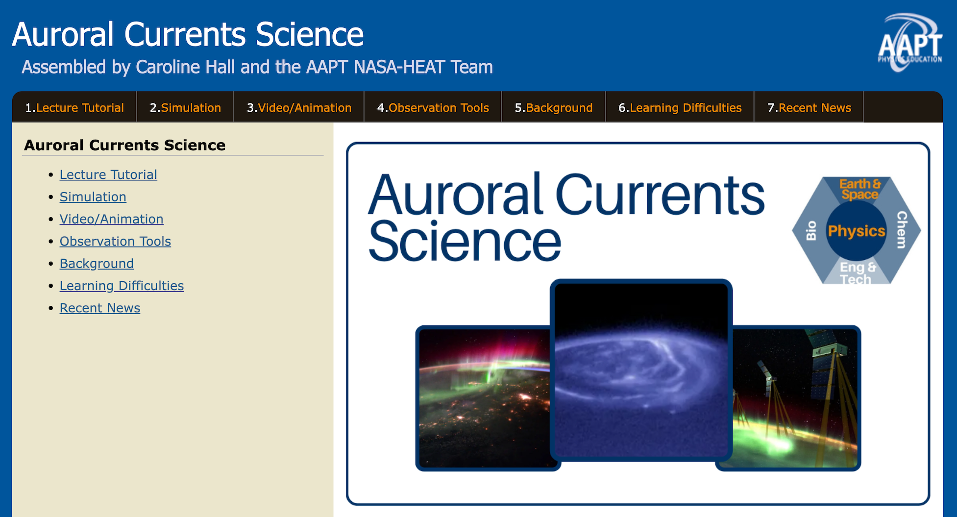 Cover image of Auroral Currents DigiKit, displaying three images of glowing auroral ribbons in the Earth’s atmosphere. The DigiKit cover includes the following menu options: 1. Lecture Tutorial, 2. Simulation, 3. Video/Animation, 4. Observation Tools, 5. Background, 6. Learning Difficulties, 7. Recent News.