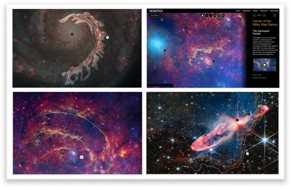 Four screenshots arranged in a 2 by 2 grid. Each includes an image from one or more space telescopes with clickable pins, which appear as small black-and-white circles with plus-signs, and overlay graphics. Top left: Galaxy with part of a spiral arm highlighted and the rest of the galaxy dimmed. Active pin beside highlighted area. Inactive pins mark four other features. Top right: Colorful image of stars, gas, and dust, with active pin near center. Bright object circled, with three arrows pointing toward feature traced with dashed line. To right of image is a column with title, explanatory text, and video. Along top of screen are menu, navigation buttons, and other controls. Bottom Left: Zoom-in to part of image in top-right screenshot, with different pin and different features marked with dashed lines. Bottom Right: Star with bright jets extending in opposite directions, and active pin next to edge of smoky cloud traced with dashed line. Four other features marked with inactive pins.