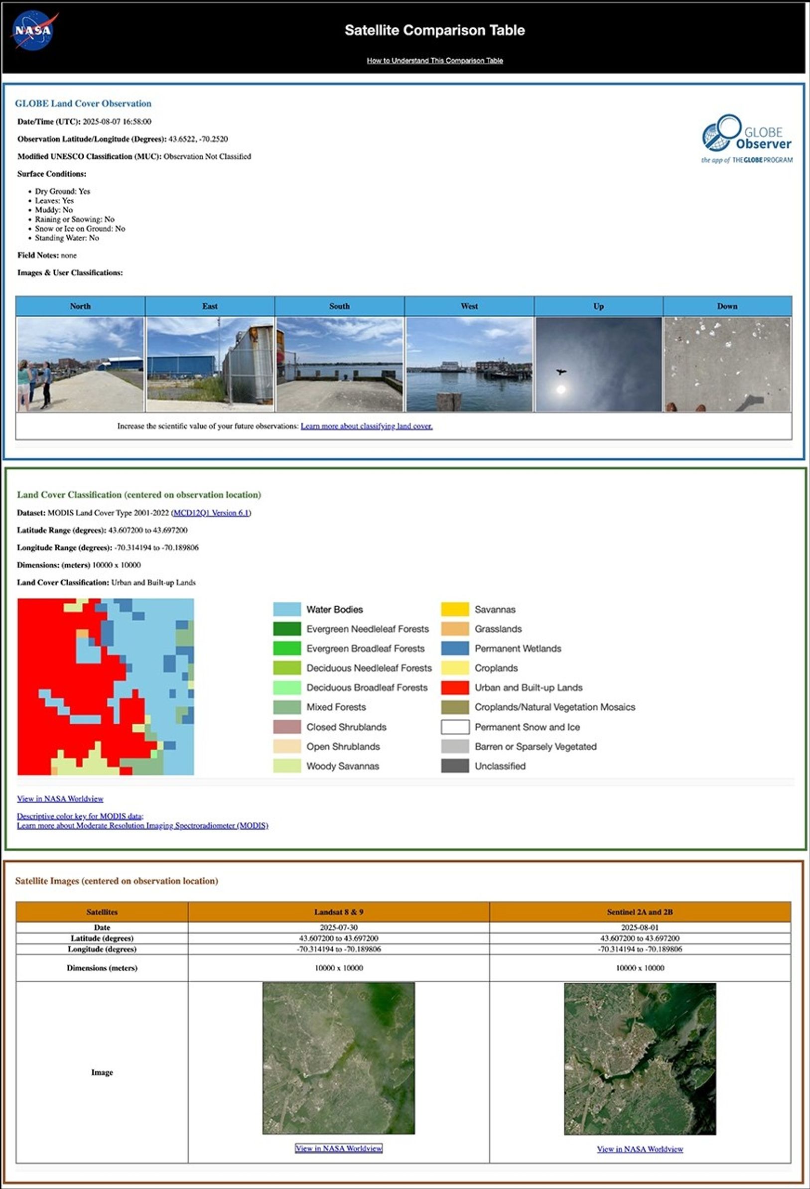 A screenshot of the GLOBE Land Cover satellite comparison table. The table includes information and photographs of the land, submitted by the volunteer, as well as a Moderate Resolution Imaging Spectroradiometer (MODIS) land cover classification image for that location and a Landsat and Sentinel-2 image closest in time to the GLOBE Observer observation.