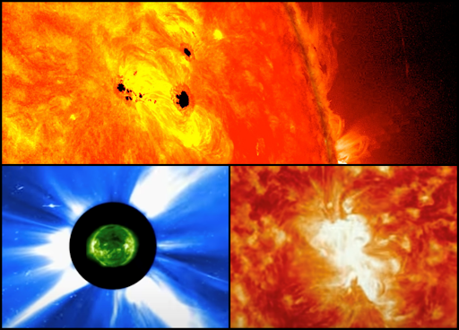 Three views of the Sun shown through the eyes of different space missions. The top image shows dark sunspots on the Sun, the bottom left shows the Sun's corona flaring out into space, and the bottom right shows the Sun's burning plasma surface.