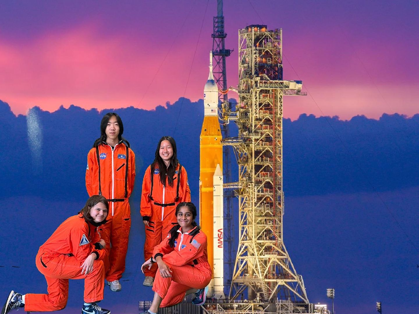 Four participants in the NESSP Earth to Venus Challenge pose in orange NASA-inspired flight suits in front of a backdrop showing NASA's Space Launch System rocket on the launch pad at sunset. Two participants stand while two kneel, smiling for the camera.