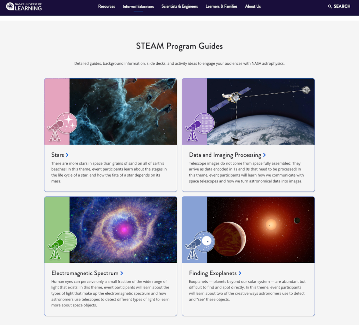 Screenshot of NASA’s Universe of Learning Program Guides webpage. Header shows program name and logo, menu, and search bar on a dark blue background. Below, title “STEAM Program Guides” and description of educational resources. Four panels feature themes: Stars, Data & Imaging Processing, Electromagnetic Spectrum, and Finding Exoplanets, each with related images and brief descriptions.