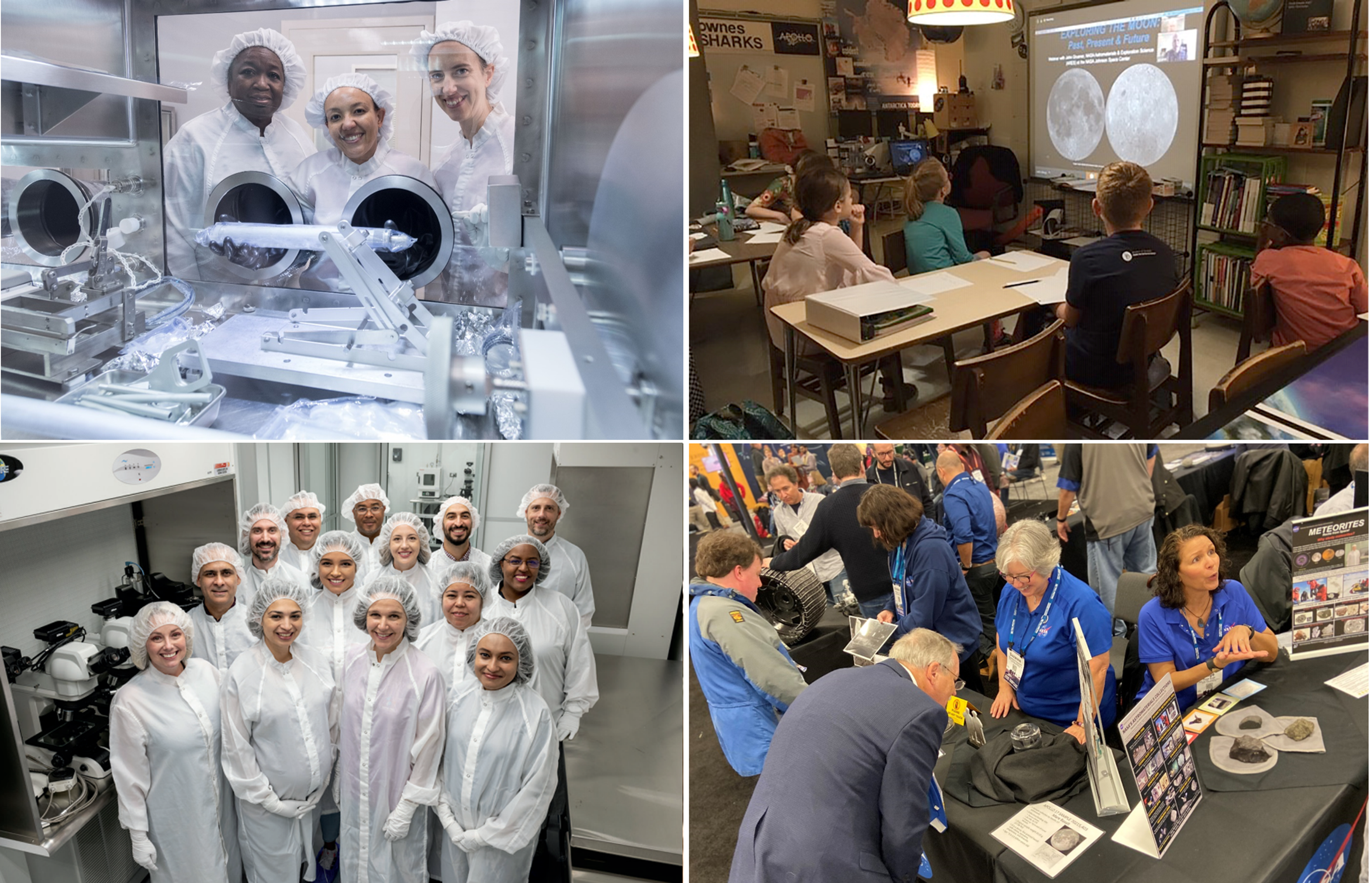 A collage of four images: (1) three individuals in cleanroom suits working with scientific equipment in a sealed glovebox, (2) children in a classroom watching a presentation about the Moon, (3) a group of 14 cleanroom-suited scientists posing in a laboratory, and (4) a public outreach event with NASA representatives engaging with attendees about meteorites and space science.