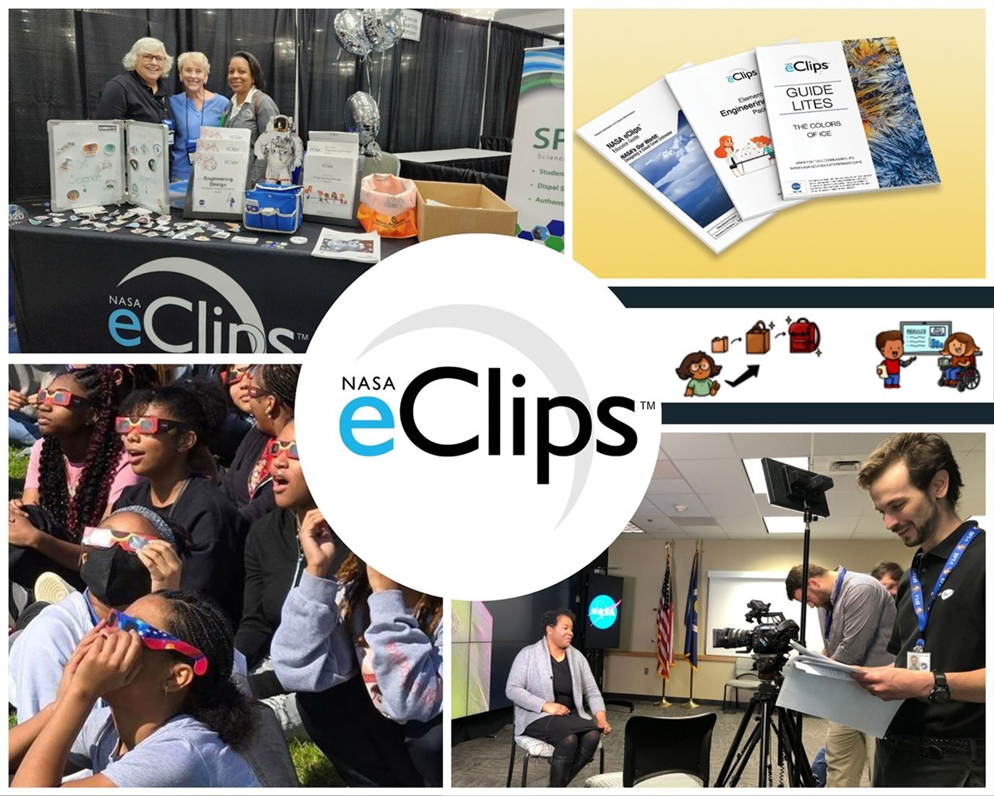 A collage showcasing NASA eClips activities: (1) three women at a NASA eClips booth displaying educational materials and science-themed items, (2) printed NASA eClips Guide Lites materials on science topics, (3) a group of students outdoors wearing solar eclipse glasses, (4) a team filming an interview in a NASA office, and (5) a graphic with illustrated icons showing steps of a process, including packing and learning activities. The NASA eClips logo is prominently featured in the center.