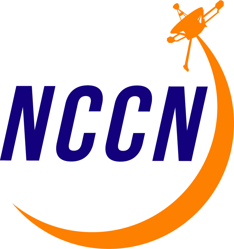 Logo for NCCN featuring bold, dark blue letters "NCCN" with an orange swoosh arc ending in a stylized spacecraft, resembling NASA’s Voyager, curving over the text from lower left to upper right.