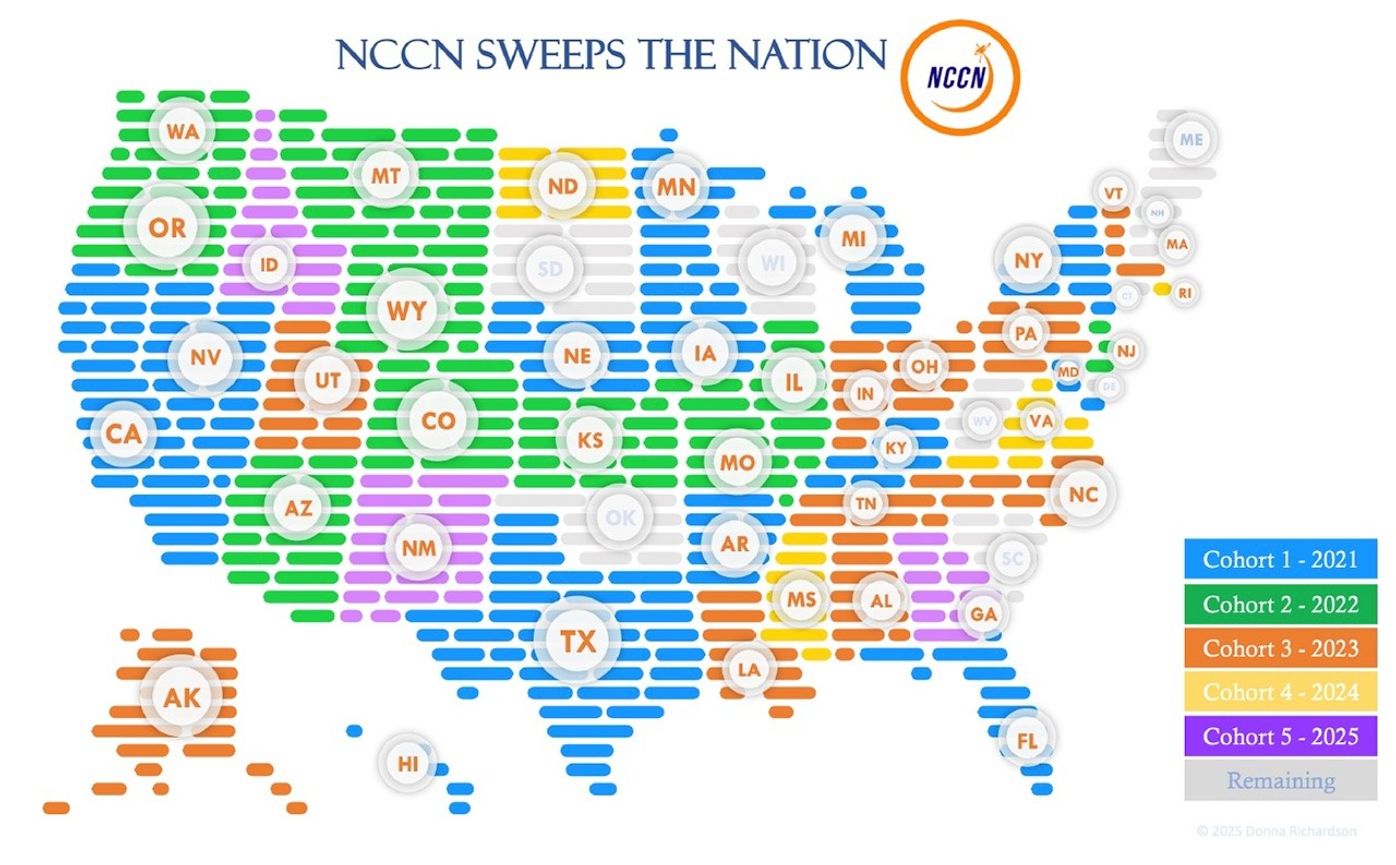 Map of the United States showing NCCN program participation by state and year. States are color-coded by cohort: Cohort 1 (2021) in blue, Cohort 2 (2022) in green, Cohort 3 (2023) in orange, Cohort 4 (2024) in yellow, and Cohort 5 (2025) in purple. Gray indicates states not yet participating.