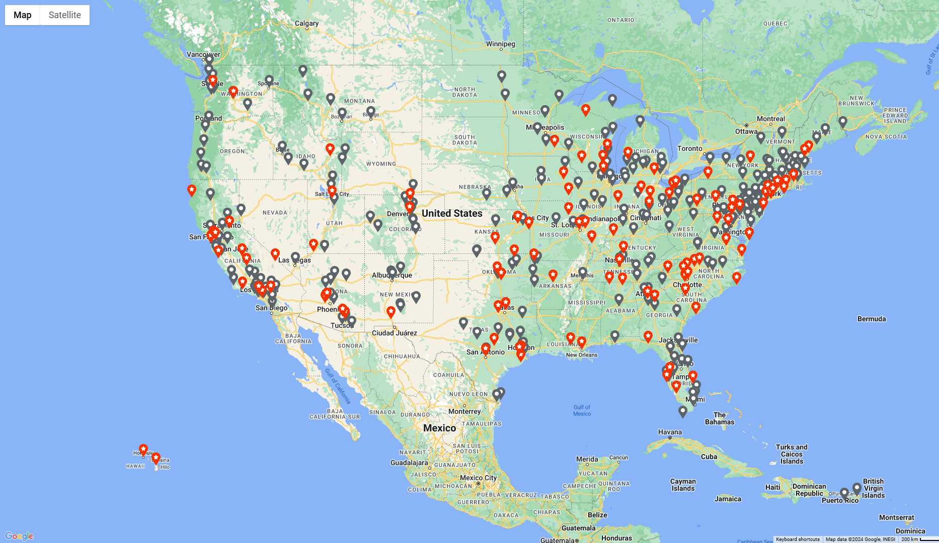 A map of the United States with pins for every Night Sky Network club.