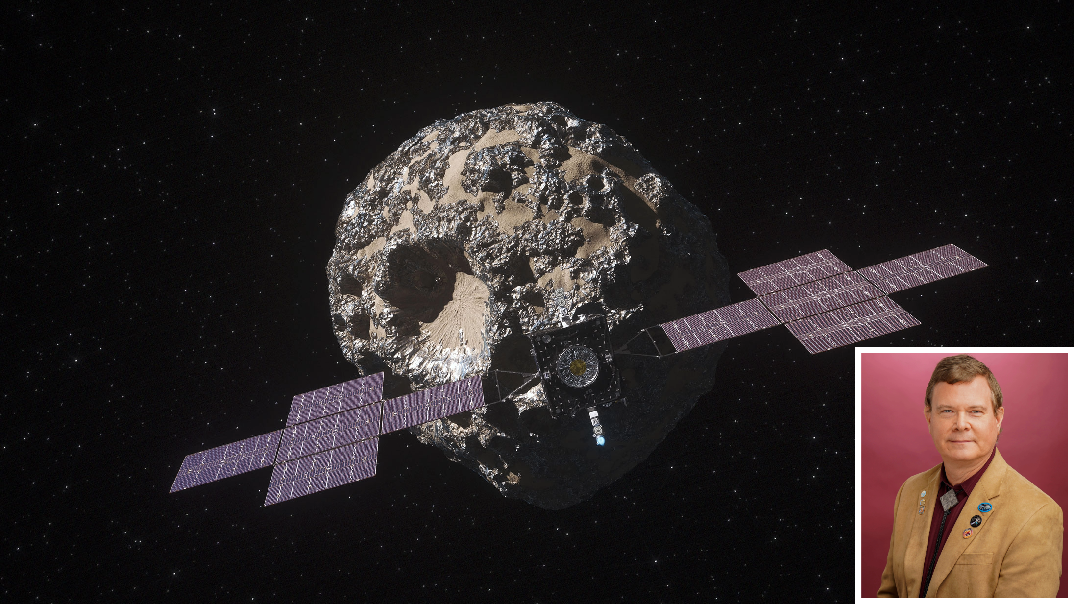 Artist rendition of the Psyche spacecraft in space, approaching the asteroid Psyche, along with a photo of Dr. David Williams in the bottom right corner.