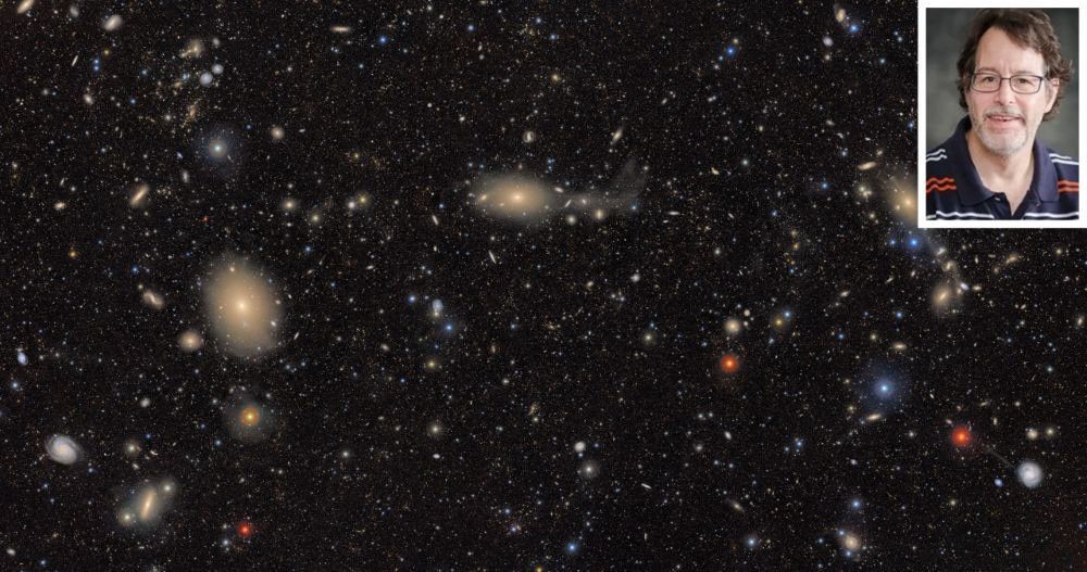 An image of galaxies against a black background. The galaxies vary in size and shape, from bright ovals to small red blobs. A photo of Dr. Nemiroff sits in the top right corner.