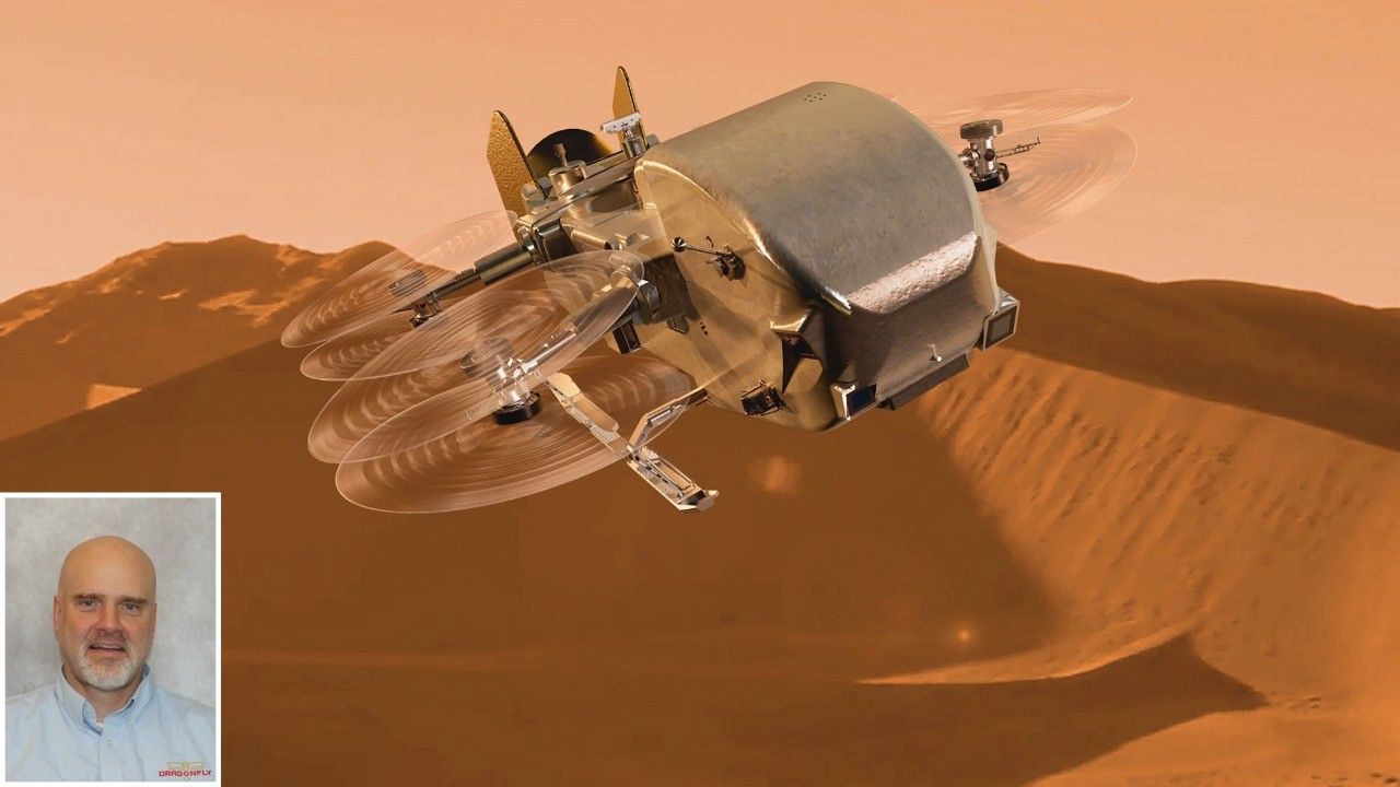 The image features an artists' representation of a large eight rotor flying craft in the orange hued skies of Titan, flying over rust colored mountains. In the bottom-left corner is a photo of the speaker Dr. Jason Barnes