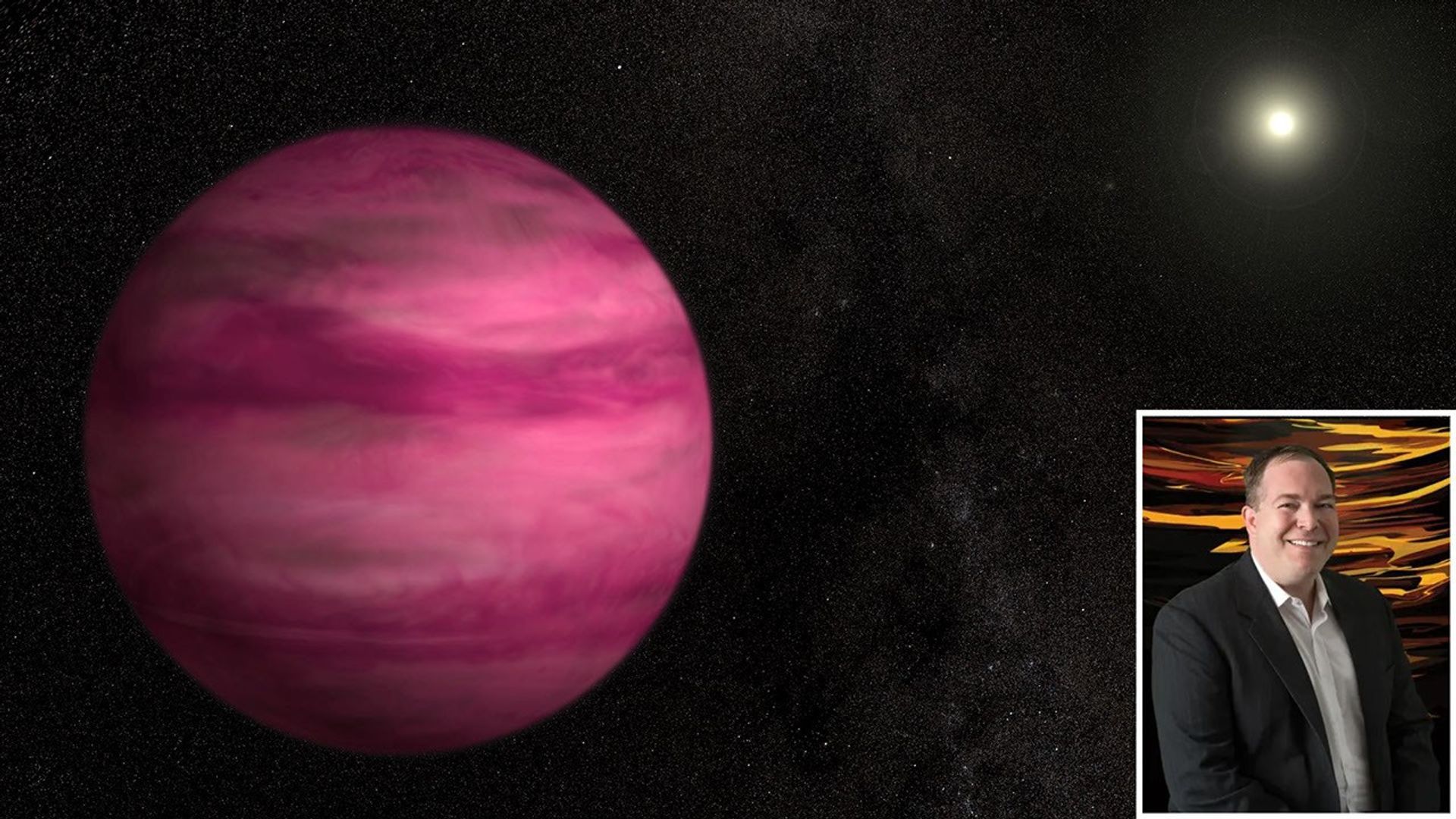 The image features a vivid, artistic representation of a large gas planet with pink and magenta swirling bands, set against a black, star-filled cosmic background. A bright, distant sun is visible in the top-right corner, softly illuminating the scene. In the bottom-right corner is a photo of the speaker Dr. Eric Mamajek.