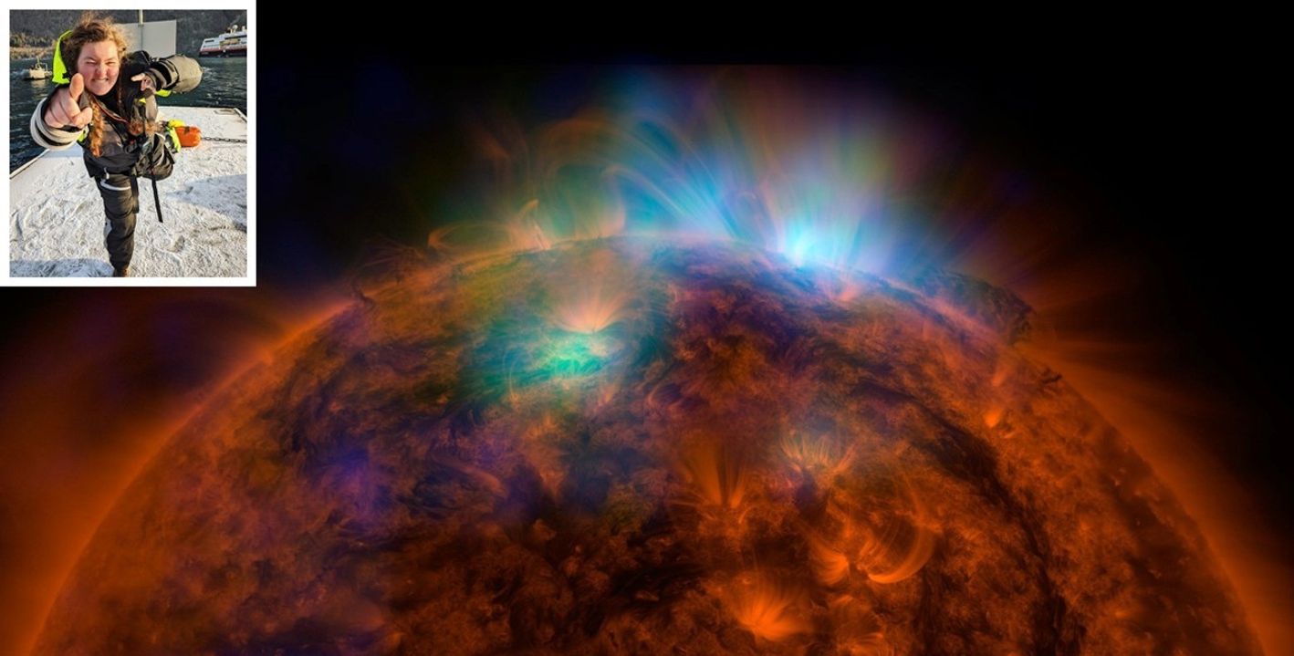 Image of the Sun taken by NASA's NuSTAR, showing x-rays seen in green and blue, revealing solar high-energy emissions. An image of the speaker is in the upper left corner.