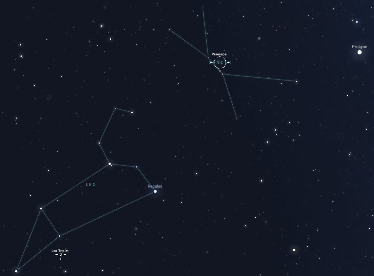 A star map featuring the Leo and Cancer constellations with the Beehive Cluster (M44) in Cancer and the Leo Triplet (M65, M66, and NGC 3628) labeled. The bright stars Regulus and Procyon are also labeled nearby.