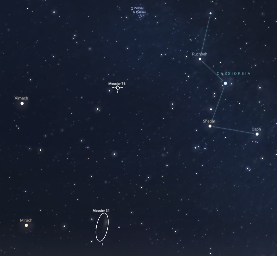 A star chart showing the Cassiopeia constellation along with the Andromeda Galaxy (M31) and the Little Dumbbell Nebula (M76). The bright stars Shedar, Caph, and Ruchbah outline Cassiopeia. M31 is marked as an elongated feature in Andromeda, while M76 appears near Cassiopeia. The stars Almach and Mirach are labeled.
