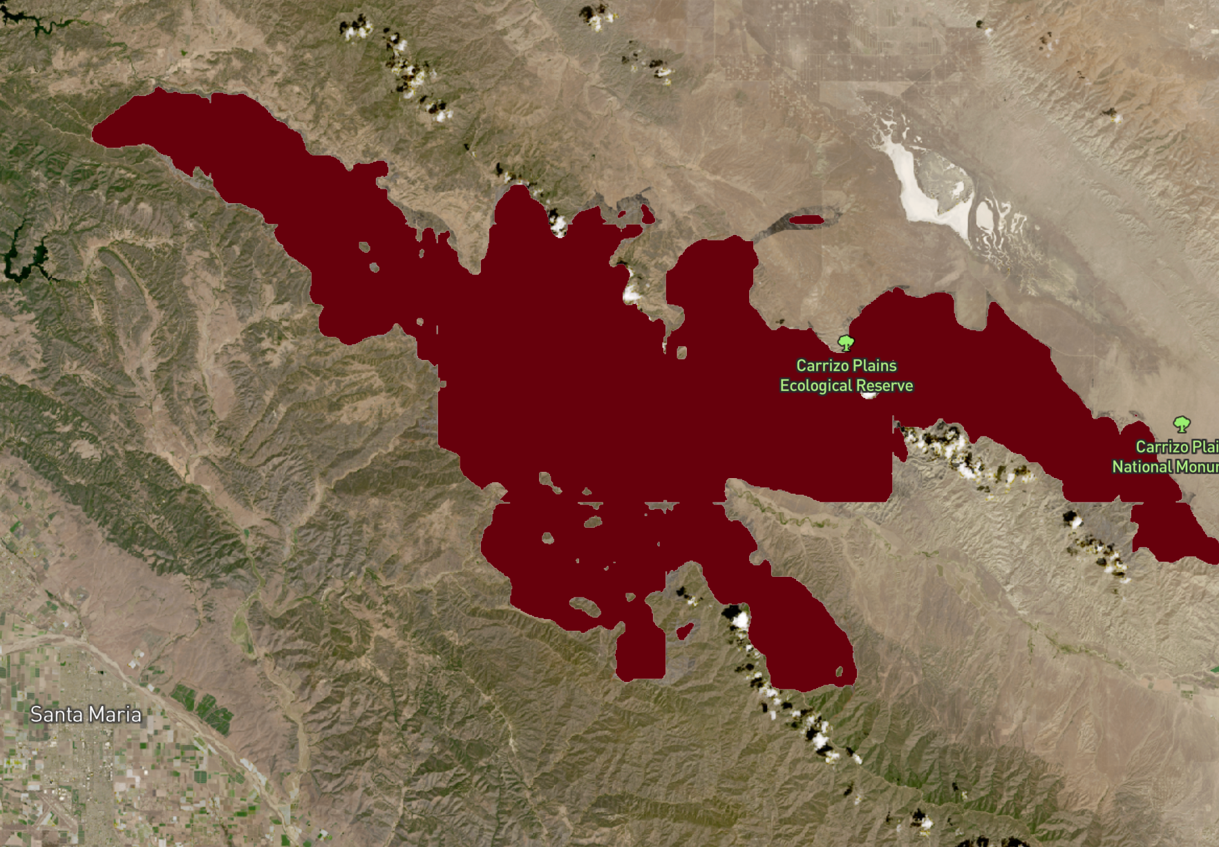 The Prithvi foundation model's demo map of burn scars from the Gifford Fire, which occurred northwest of Los Angeles on August 17, 2025. The burn scar prediction is shown in red.