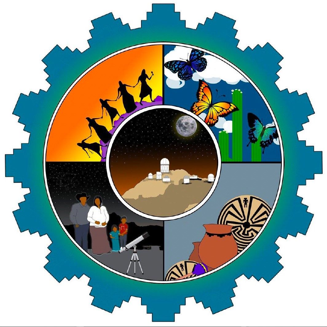 Painted logo with four outer sectors plus central circle displaying relationships between the Tohono O’odham people and Kitt Peak National Observatory.